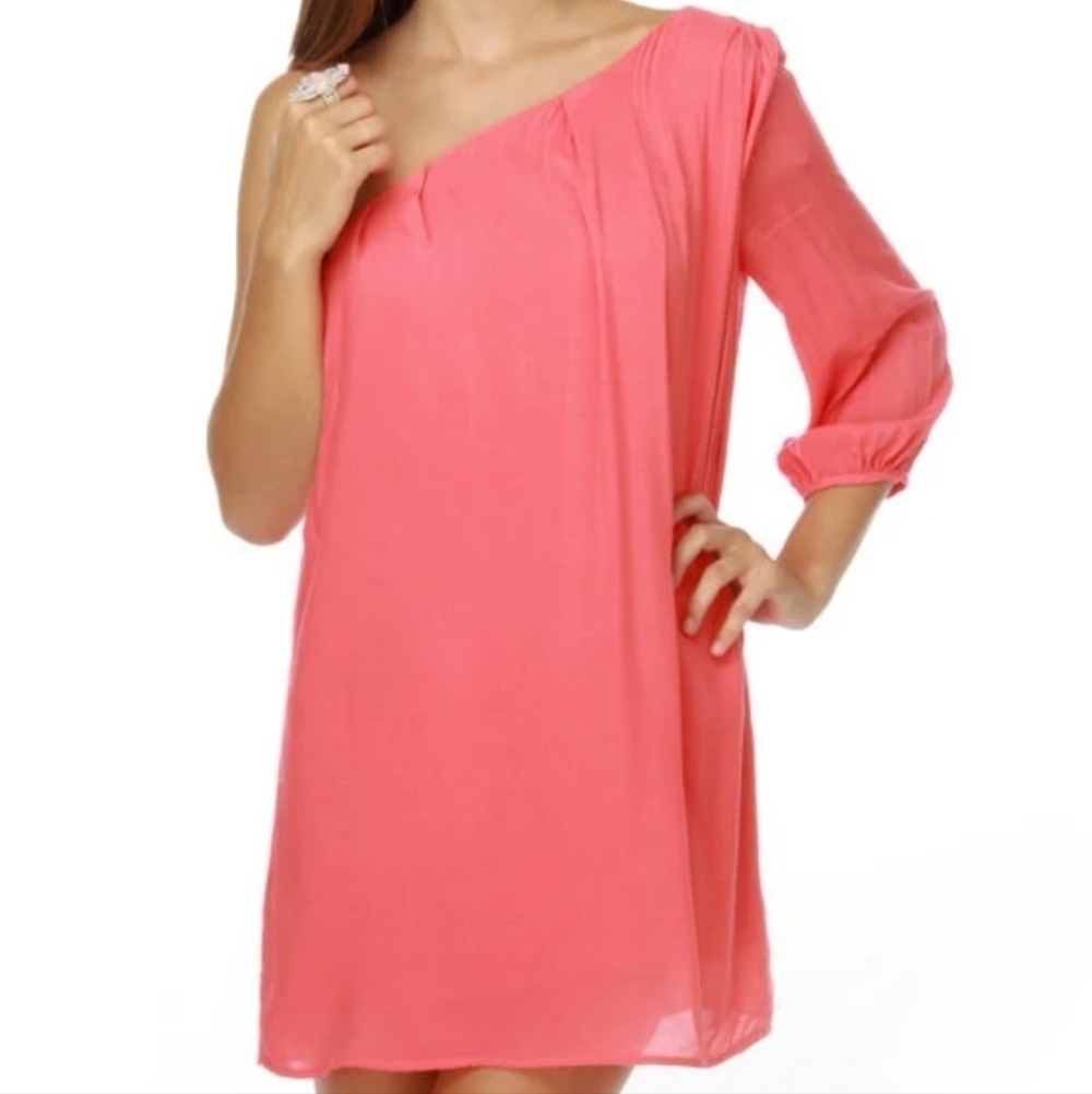 Gianni Bini coral pleated one shoulder 3/4‎ sleeve side zip mini dress